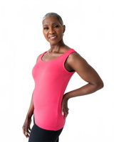 Fuchsia Scoop Neck Sleeveless Tank Top Angled View - Moisture Wicking Flattering Fit | JudyP Apparel