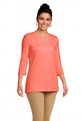 Coral V-Neck 3/4 Sleeve Tunic Front - Flattering Fit | JudyP Apparel