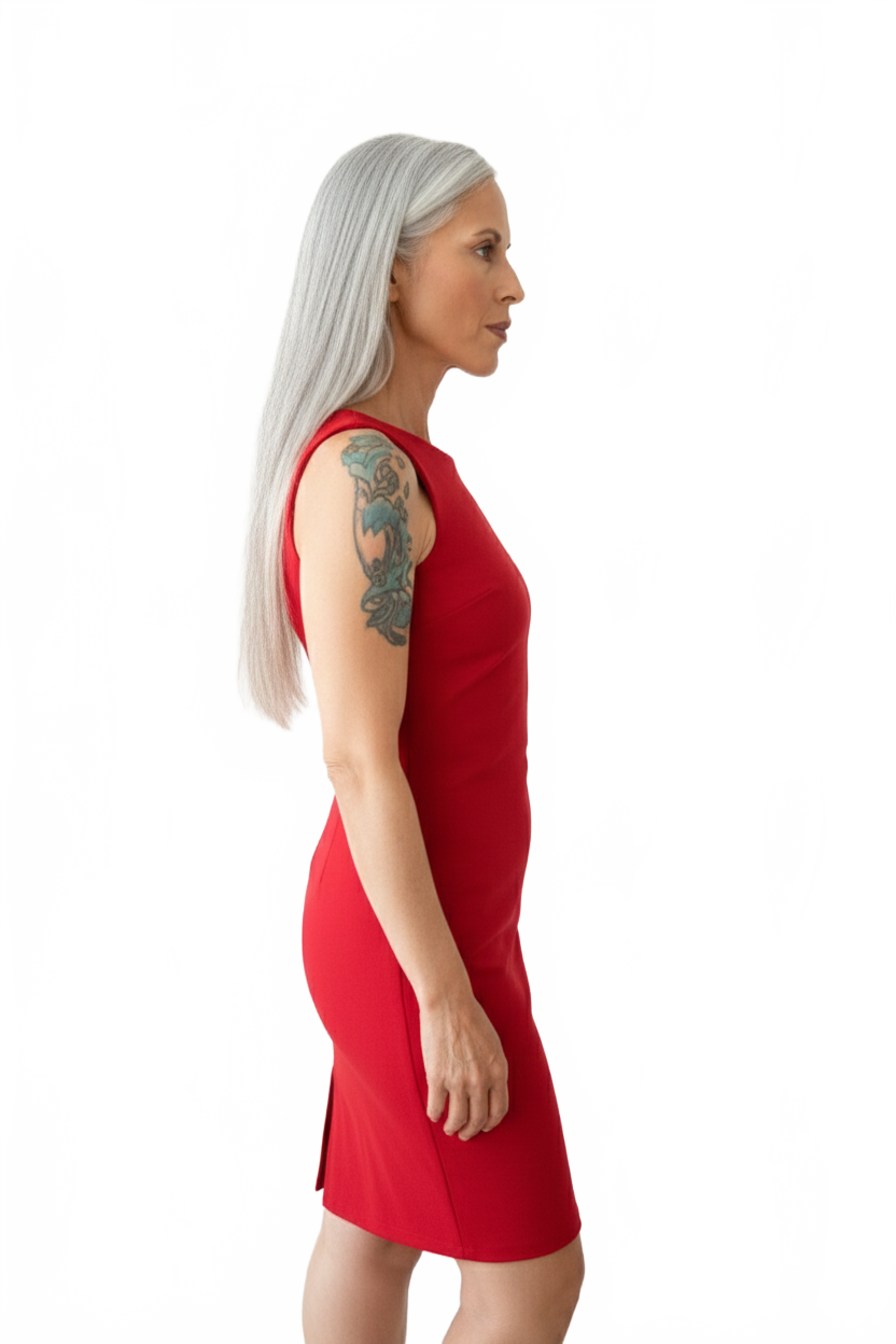 Red Boatneck Sleeveless Dress Side Profile View - UPF 50 Elevated Basic | JudyP Apparel