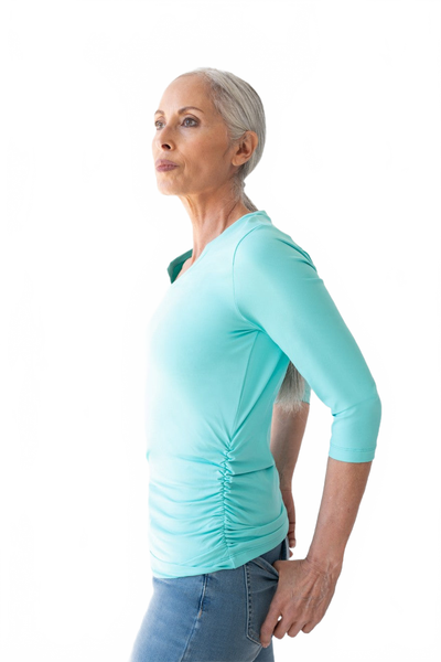 Turquoise V-Neck 3/4 Sleeve Top Side Profile - Moisture Wicking | JudyP Apparel