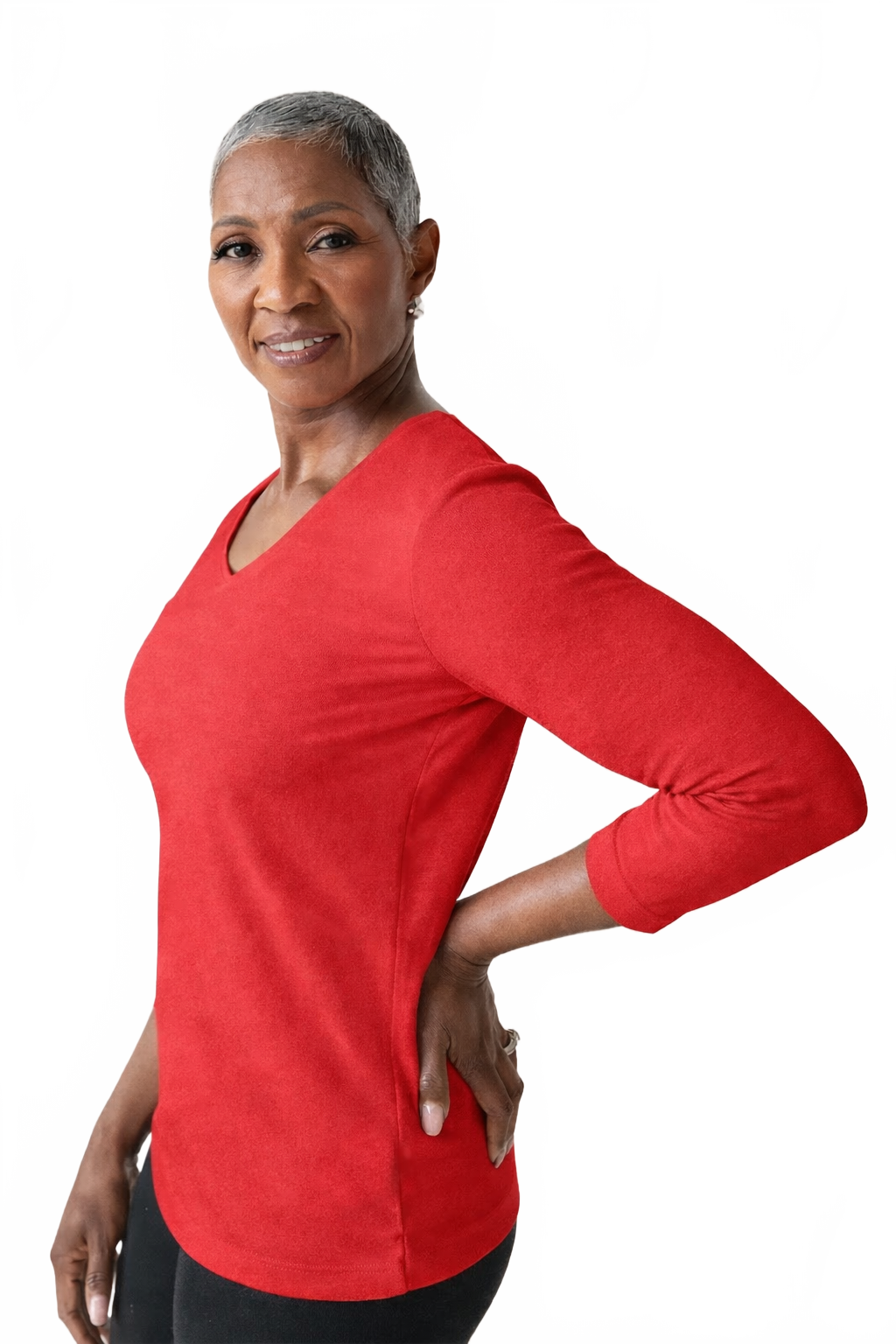 Razzmatazz V-Neck 3/4 Sleeve Top Angled Side View - Wrinkle-Free Travel Clothing | JudyP Apparel