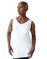 White V-Neck Sleeveless Tunic Angled View - Moisture Wicking Flattering Fit | JudyP Apparel