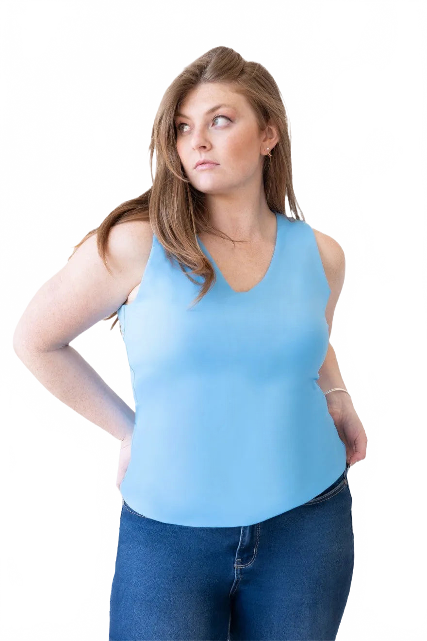 Sky Blue V-Neck Sleeveless Tank Top Angled View - Wrinkle-Free Travel Clothing | JudyP Apparel
