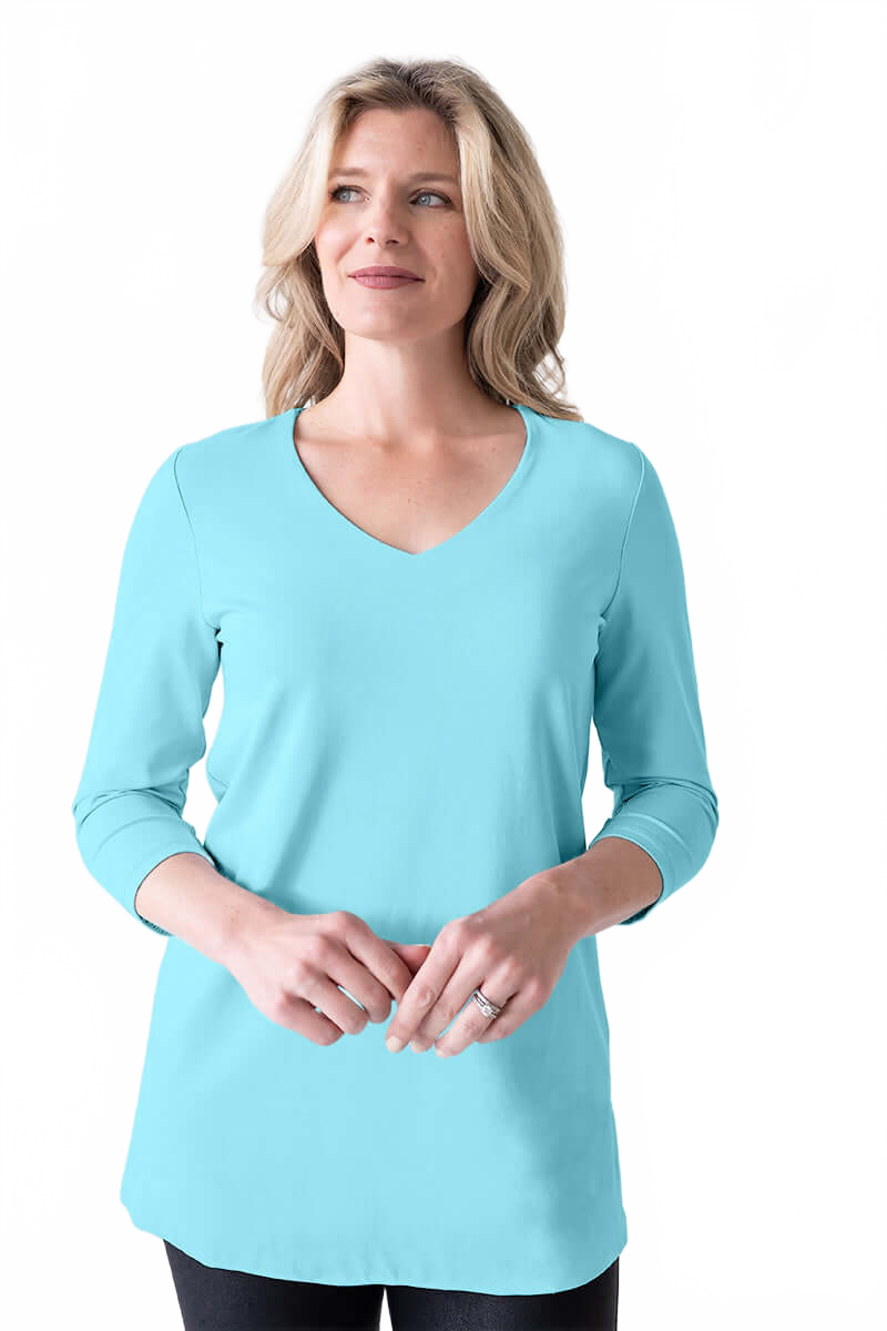 Turquoise V-Neck 3/4 Sleeve Tunic Front View - Made in USA | JudyP Apparel