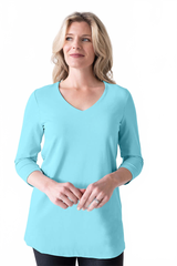 Turquoise V-Neck 3/4 Sleeve Tunic Front View - Made in USA | JudyP Apparel