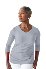 Pearl V-Neck 3/4 Sleeve Top Angled View - Travel Clothing | JudyP Apparel