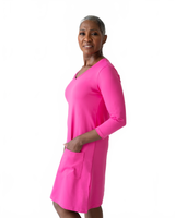 Punch V-Neck 3/4 Sleeve Pocket Dress Profile View - Machine Washable Wrinkle-Free Travel Clothing | JudyP Apparel