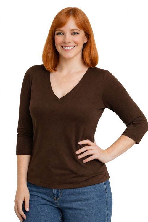 Brown V-Neck 3/4 Sleeve Top Front View - Wrinkle-Free Moisture Wicking Travel Clothing | JudyP Apparel