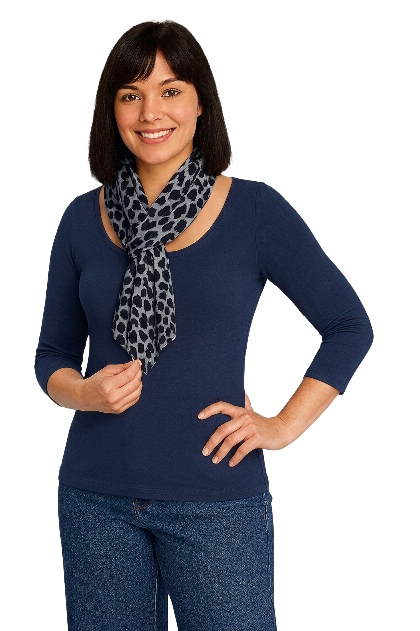 Navy Scoop Neck 3/4 Sleeve Top Front View - Wrinkle-Free Travel Clothing | JudyP Apparel
