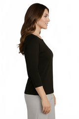 Black Boatneck 3/4 Sleeve Top Angled View - Moisture Wicking Flattering Fit Travel Clothing | JudyP Apparel