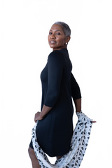 Black V-Neck 3/4 Sleeve Pocket Dress Profile View - Machine Washable Wrinkle-Free Travel Clothing | JudyP Apparel