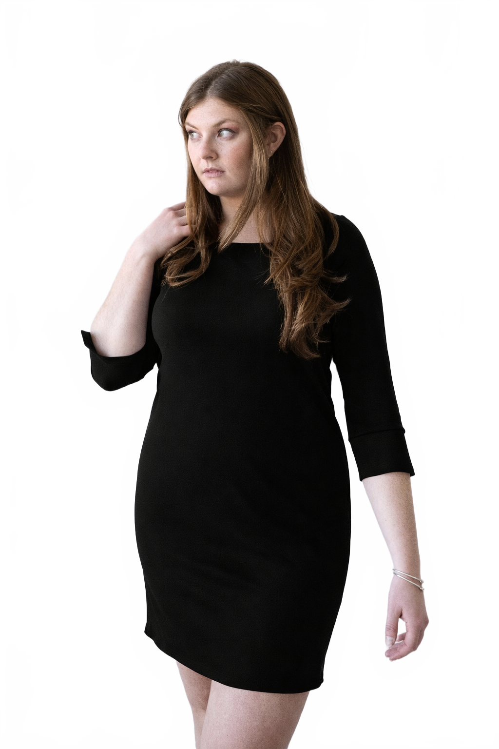 Black Boatneck 3/4 Sleeve Dress Angled Front View - Machine Washable Flattering Fit | JudyP Apparel