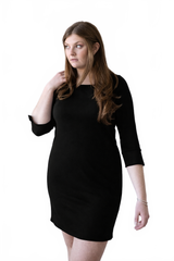 Black Boatneck 3/4 Sleeve Dress Angled Front View - Machine Washable Flattering Fit | JudyP Apparel