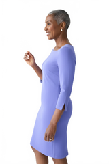 Periwinkle Scoop Neck 3/4 Sleeve Dress Angled View - Flattering Fit | JudyP Apparel