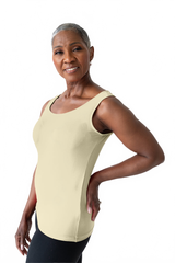 Ivory Scoop Neck Sleeveless Tank Top Angled Front View - UPF 50 Flattering Fit | JudyP Apparel