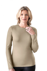 Khaki Crewneck Long Sleeve Top Angled View - Machine Washable Travel Clothing | JudyP Apparel