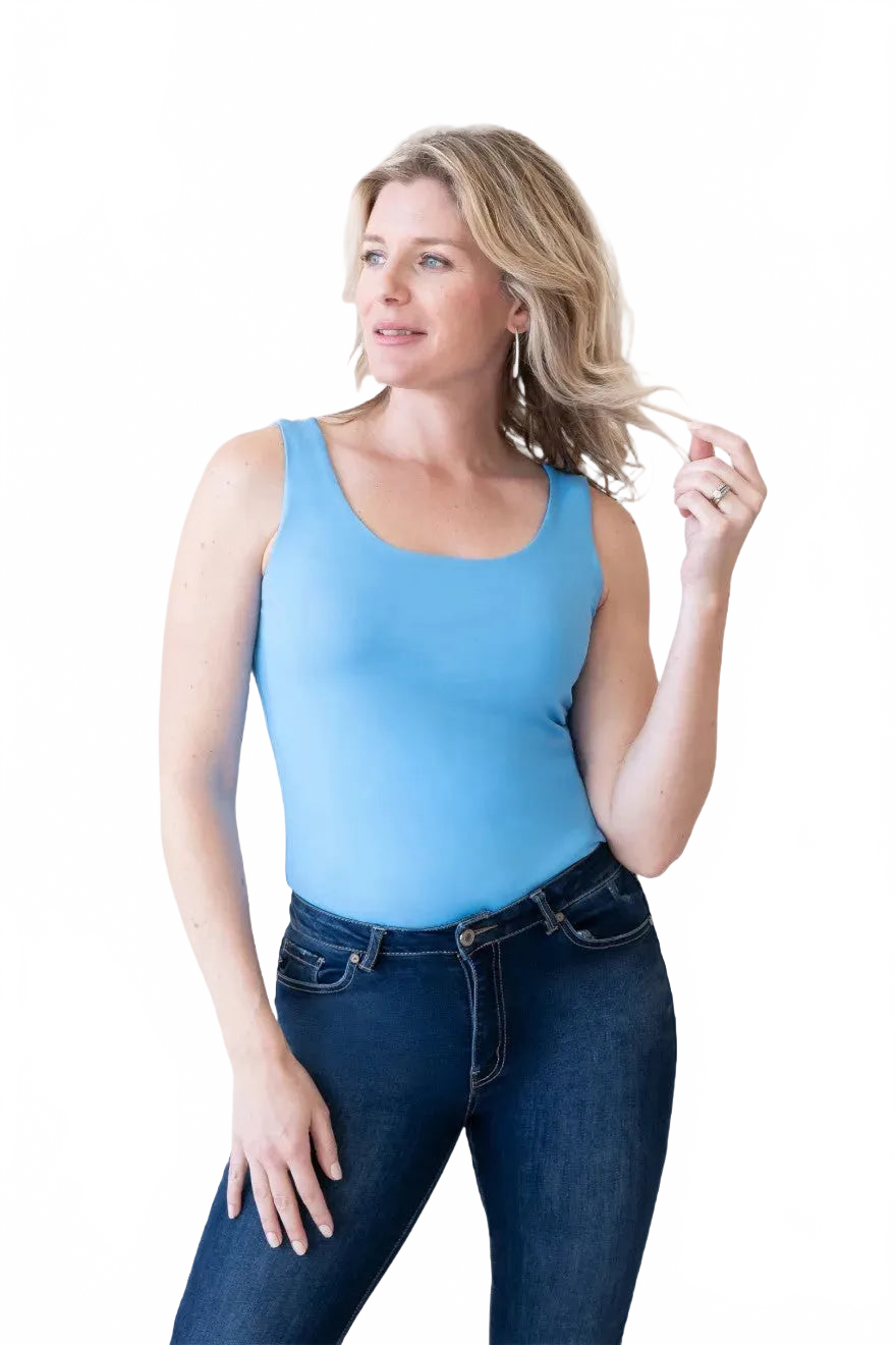Sky Blue Scoop Neck Sleeveless Top Front View - Made in USA Moisture Wicking Elevated Basic | JudyP Apparel