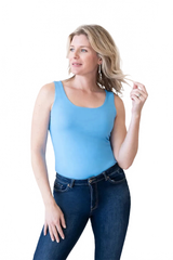 Sky Blue Scoop Neck Sleeveless Top Front View - Made in USA Moisture Wicking Elevated Basic | JudyP Apparel