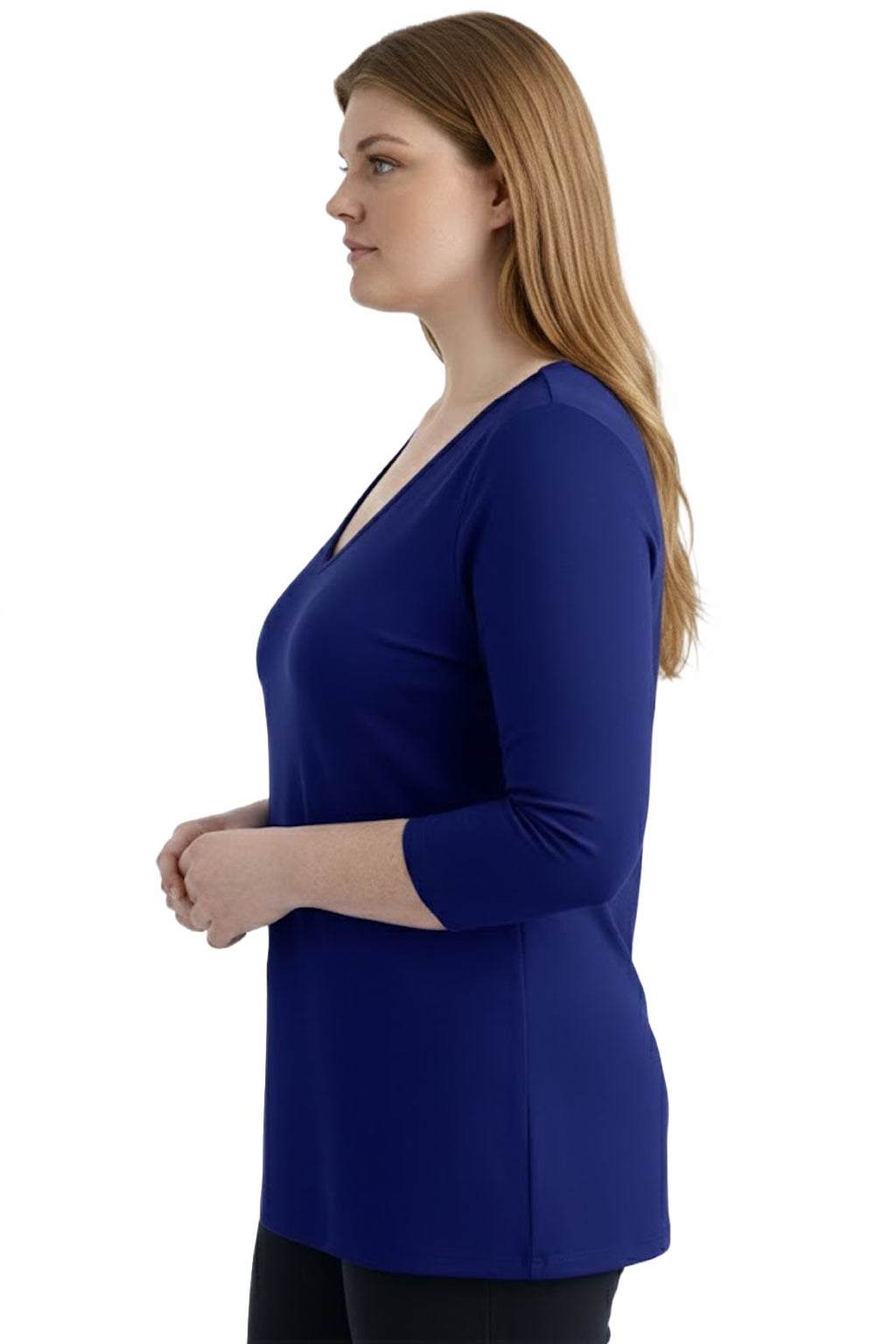 Mazarine V-Neck 3/4 Sleeve Tunic Side Profile - Wrinkle-Free Flattering Fit | JudyP Apparel