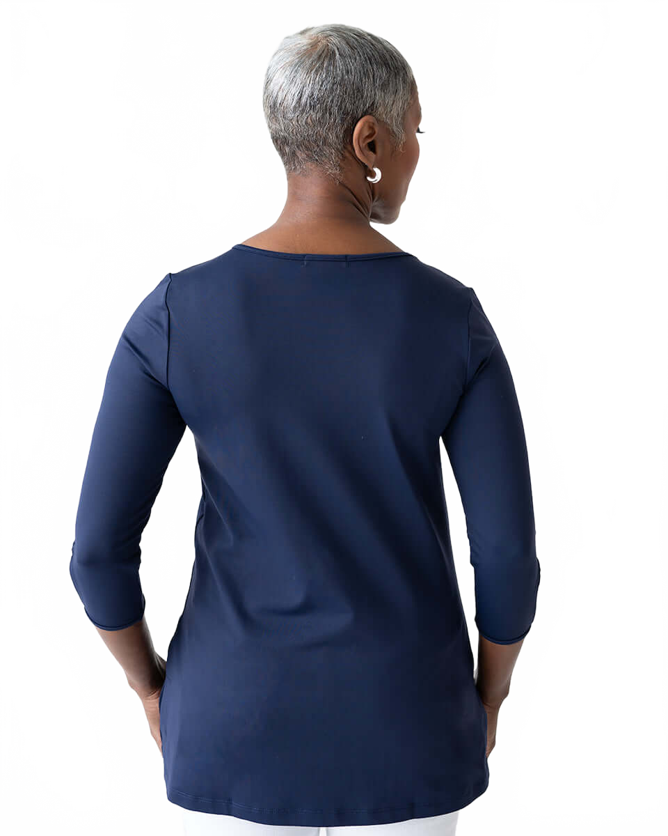 Navy Crewneck 3/4 Sleeve Tunic Back View - Elevated Basic | JudyP Apparel