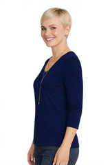 Royal Blue V-Neck 3/4 Sleeve Top Side View - Flattering Fit Wrinkle-Free Elevated Basic | JudyP Apparel
