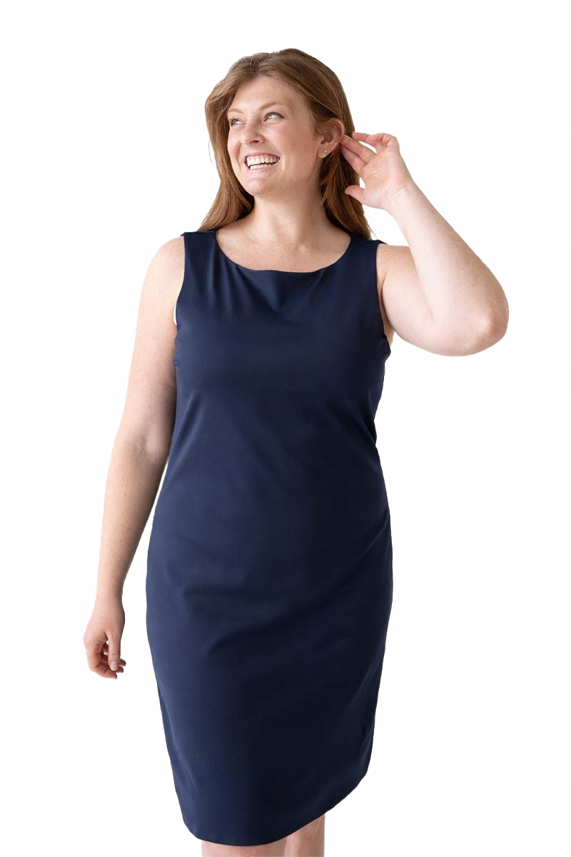 Navy Boatneck Sleeveless Dress Front View - Moisture Wicking Flattering Fit | JudyP Apparel