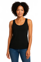 Black Scoop Neck Sleeveless Top Front View - Made in USA Moisture Wicking Elevated Basic | JudyP Apparel