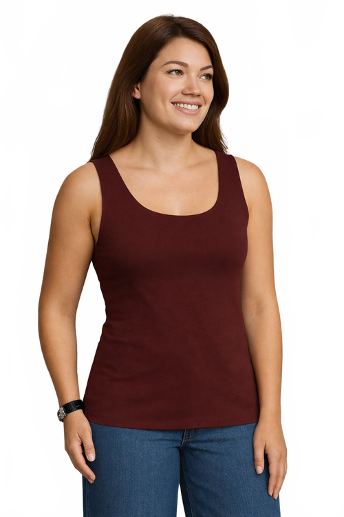 Burgundy Scoop Neck Sleeveless Tank Top Front View - Machine Washable Elevated Basic | JudyP Apparel