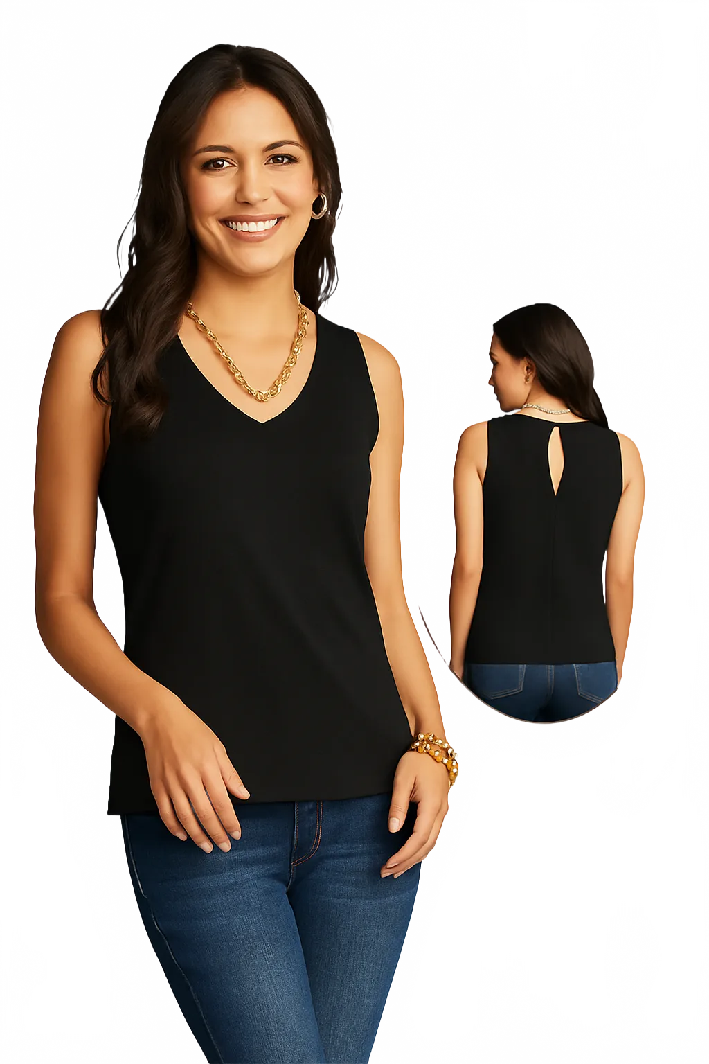 Black V-Neck Sleeveless Top Front and Back View - Made in USA Moisture Wicking Elevated Basic | JudyP Apparel