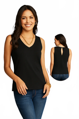 Black V-Neck Sleeveless Top Front and Back View - Made in USA Moisture Wicking Elevated Basic | JudyP Apparel