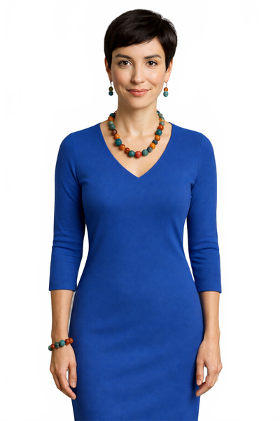 Cobalt V-Neck 3/4 Sleeve Top Front View - Flattering Fit Machine Washable | JudyP Apparel