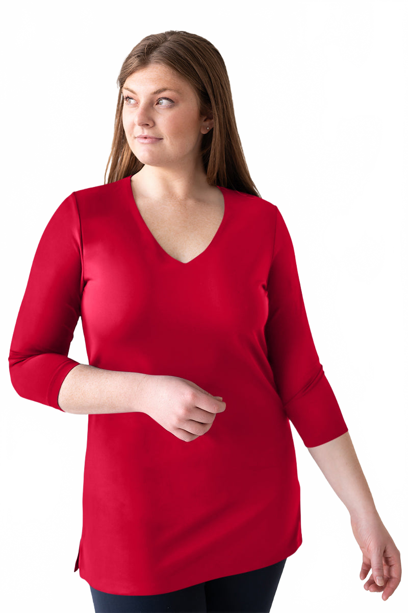 Red V-Neck 3/4 Sleeve Tunic Top Angled Front View - Flattering Fit Made in USA | JudyP Apparel
