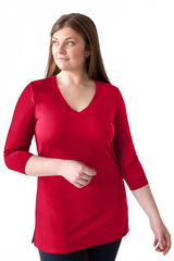 Red V-Neck 3/4 Sleeve Tunic Top Angled Front View - Flattering Fit Made in USA | JudyP Apparel