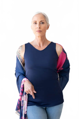 Navy V-Neck Sleeveless Tank Top Front View - Wrinkle-Free Made in USA Elevated Basic | JudyP Apparel