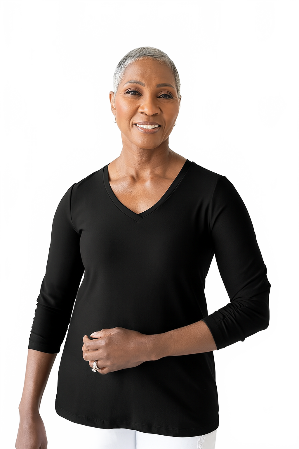 Black V-Neck 3/4 Sleeve Top Angled View - Flattering Fit | JudyP Apparel