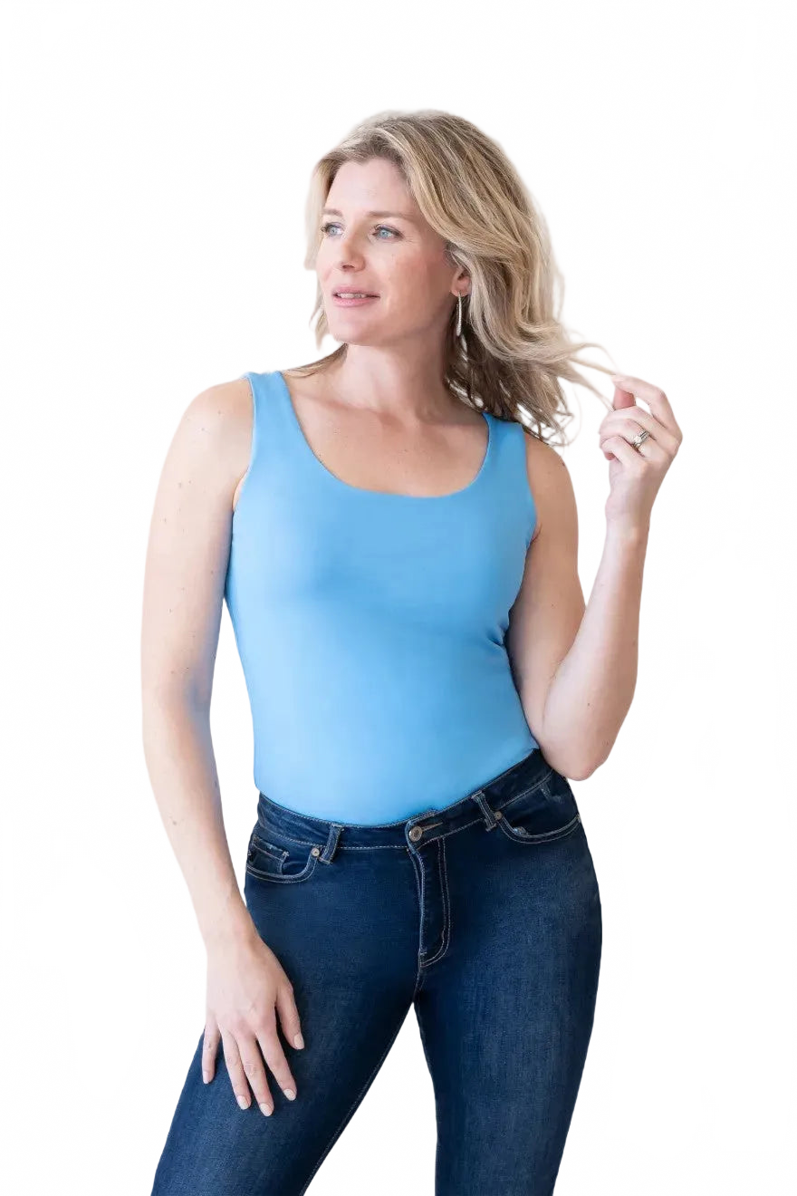 Sky Blue Scoop Neck Sleeveless Top Front View - Made in USA Moisture Wicking Elevated Basic | JudyP Apparel