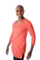 Coral V-Neck 3/4 Sleeve Tunic Top Angled Front View - UPF 50 Flattering Fit | JudyP Apparel