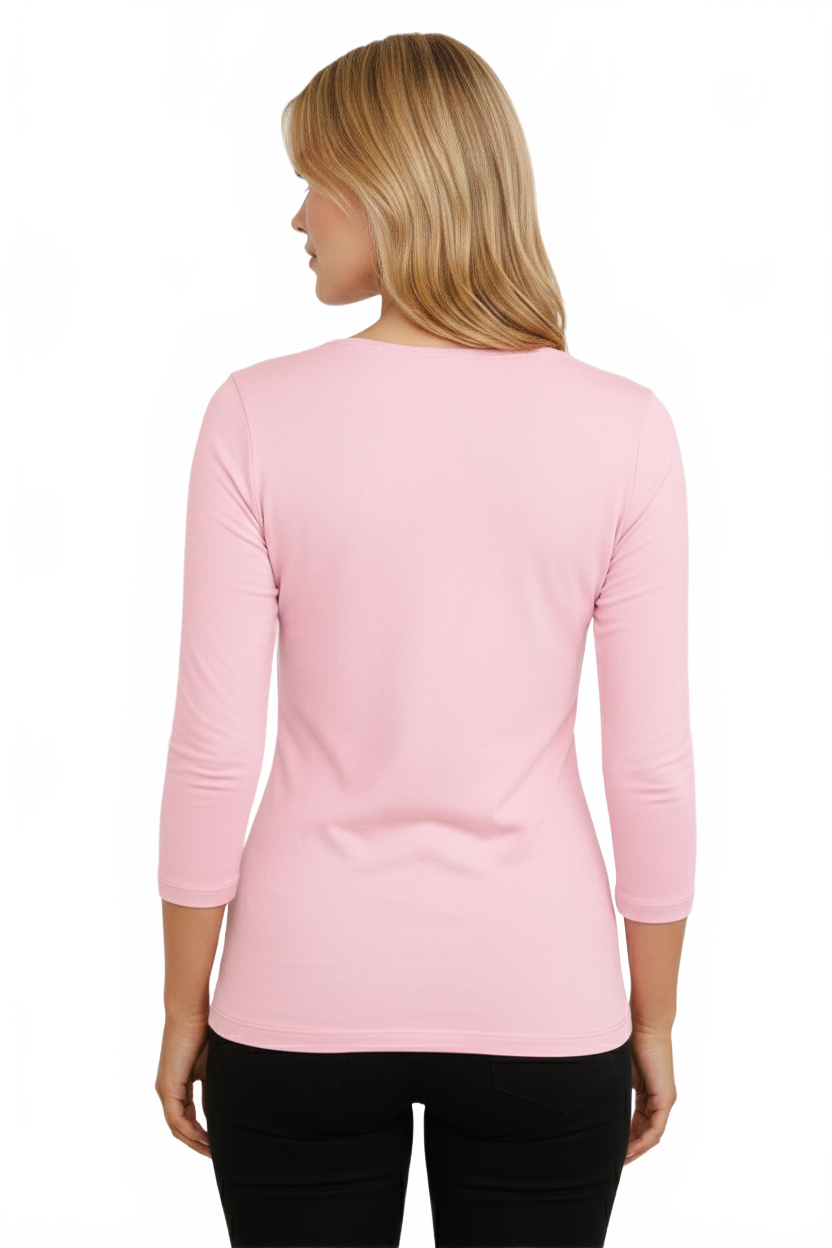 Blush V-Neck 3/4 Sleeve Top Back View - Machine Washable Travel Clothing | JudyP Apparel