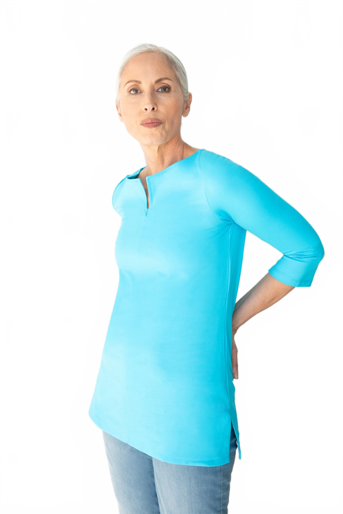 Turquoise V-Neck 3/4 Sleeve Tunic Angled View - UPF 50 | JudyP Apparel