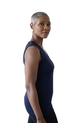 Navy V-Neck Sleeveless Tank Top Angled Side View - Machine Washable Elevated Basic | JudyP Apparel