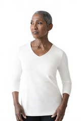 White V-Neck 3/4 Sleeve Top - Wrinkle-Free Elevated Basic Machine Washable Travel Clothing | JudyP Apparel
