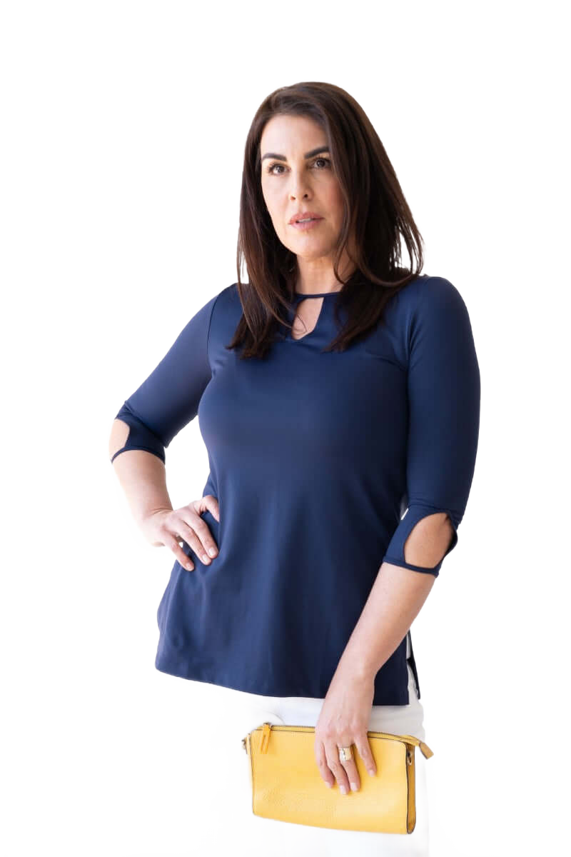 Navy Keyhole Neck 3/4 Sleeve Tunic Front View - Wrinkle-Free | JudyP Apparel