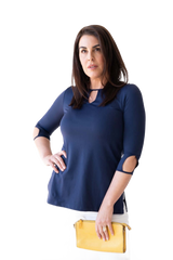 Navy Keyhole Neck 3/4 Sleeve Tunic Front View - Wrinkle-Free | JudyP Apparel