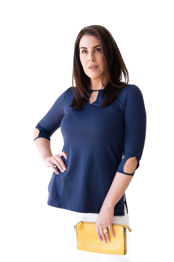 Navy Keyhole Neck 3/4 Sleeve Tunic Front View - Wrinkle-Free | JudyP Apparel