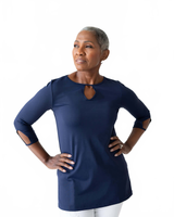 Navy Keyhole Neck 3/4 Sleeve Tunic Angled View - Moisture Wicking | JudyP Apparel
