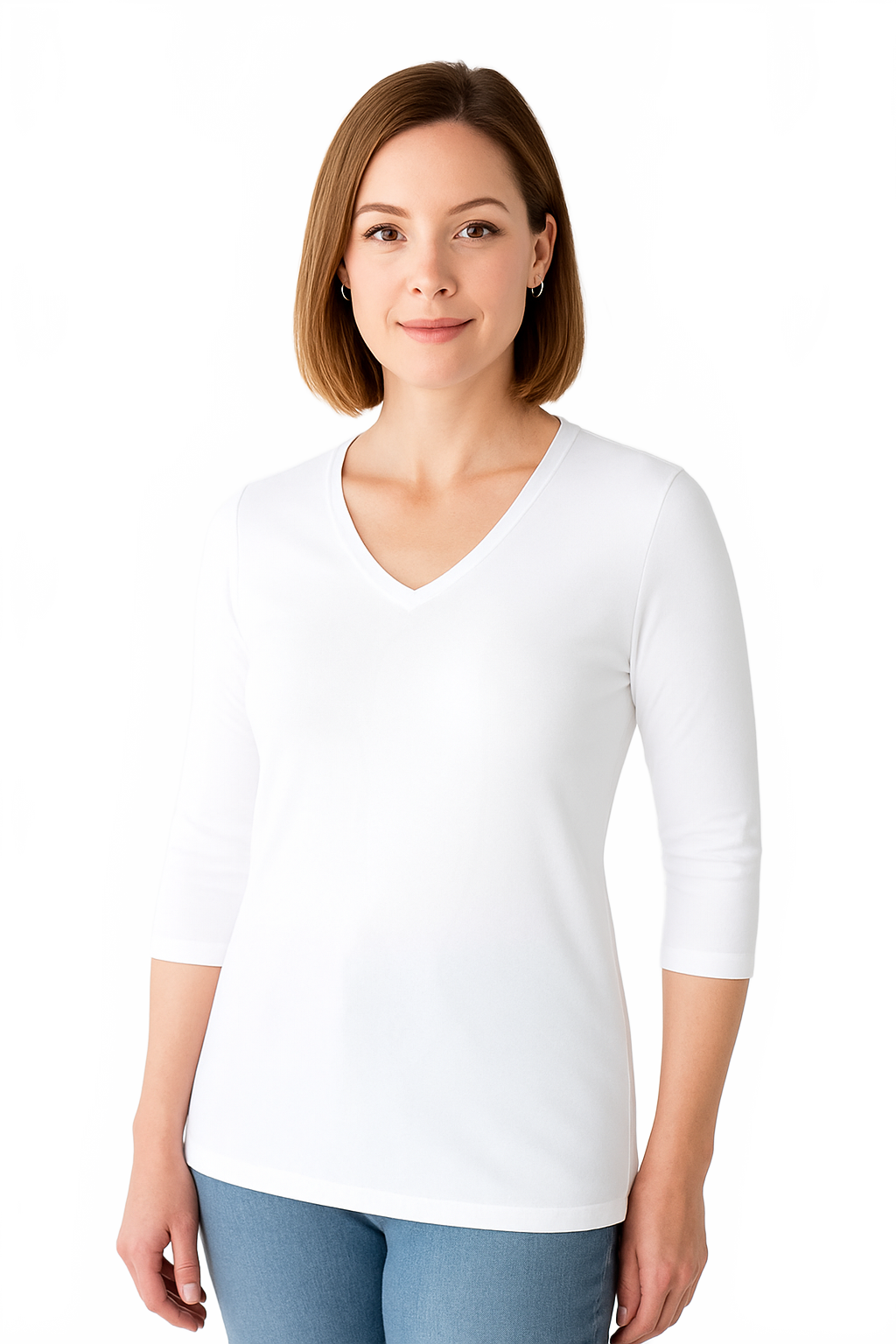White V-Neck 3/4 Sleeve Top Front View - Moisture Wicking | JudyP Apparel