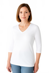 White V-Neck 3/4 Sleeve Top Front View - Moisture Wicking | JudyP Apparel