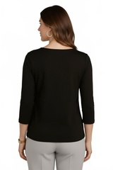 Black Boatneck 3/4 Sleeve Top Back View - Wrinkle-Free Machine Washable Travel Clothing | JudyP Apparel