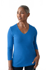 Cobalt V-Neck 3/4 Sleeve Tunic Angled View - Wrinkle-Free | JudyP Apparel
