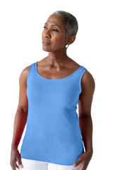 Cerulean Scoop Neck Sleeveless Tank Top Angled View - Machine Washable Elevated Basic | JudyP Apparel